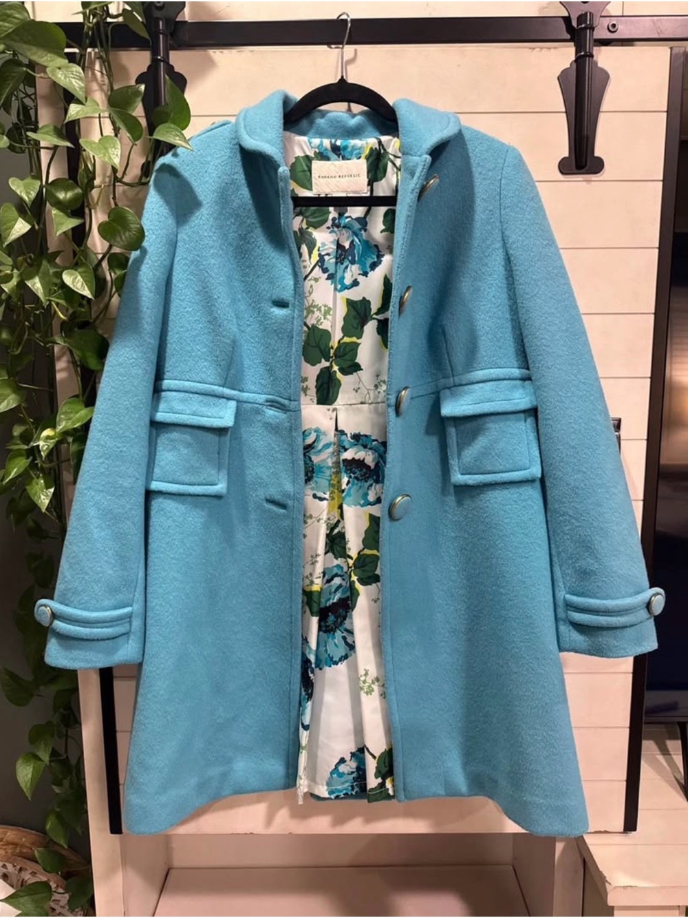 Banana Republic Aqua Blue Wool Pea Coat with Floral Lining